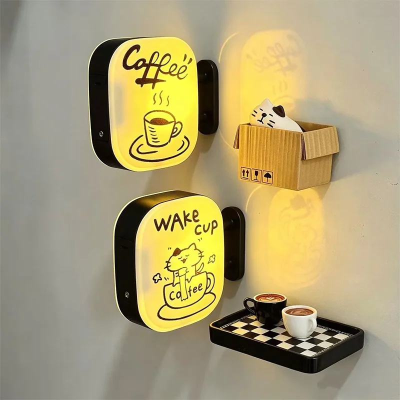 Magnetic Glowing Fridge Magnet Cat Coffee Pattern Mini Neon Sign Fridge Magnet Warm Light Creative Ambient Refrigerator Magnet
