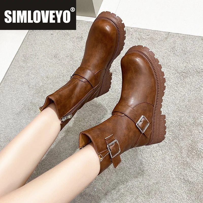 

SIMLOVEYO Fashion Women Mid Calf Mortorcycle Boots Round Toe Block Heels 4.5cm Zipper Belt Buckle Metal Plus Size 40 41 42 43