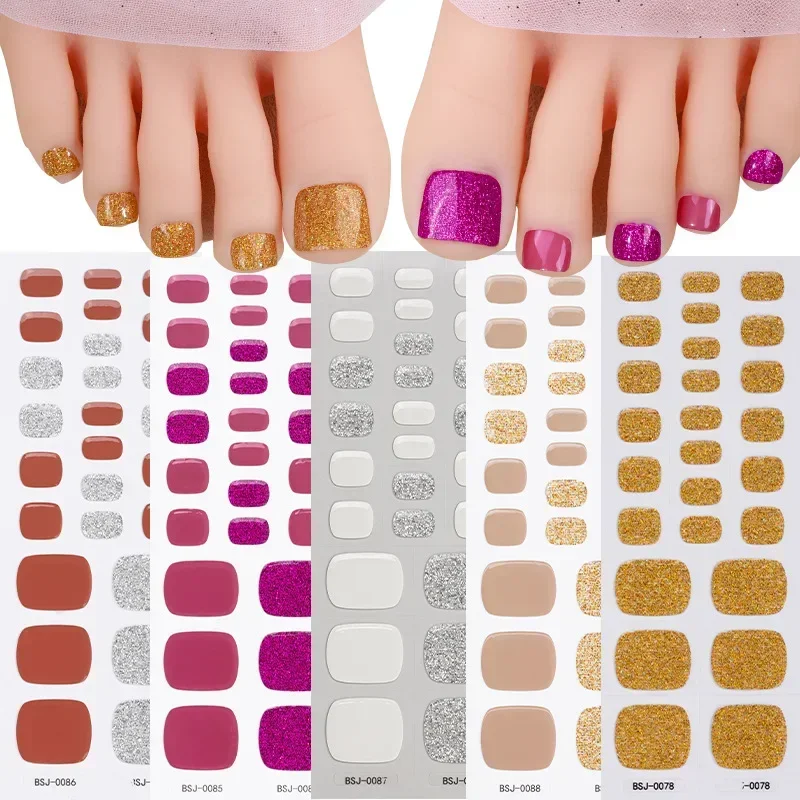 26/34Tips Toe Gel Nail Sticker Hardens with UV Lamp Curing Gel Sticker Waterproof Pure Color Full Cover Polish Wraps Foot Strips