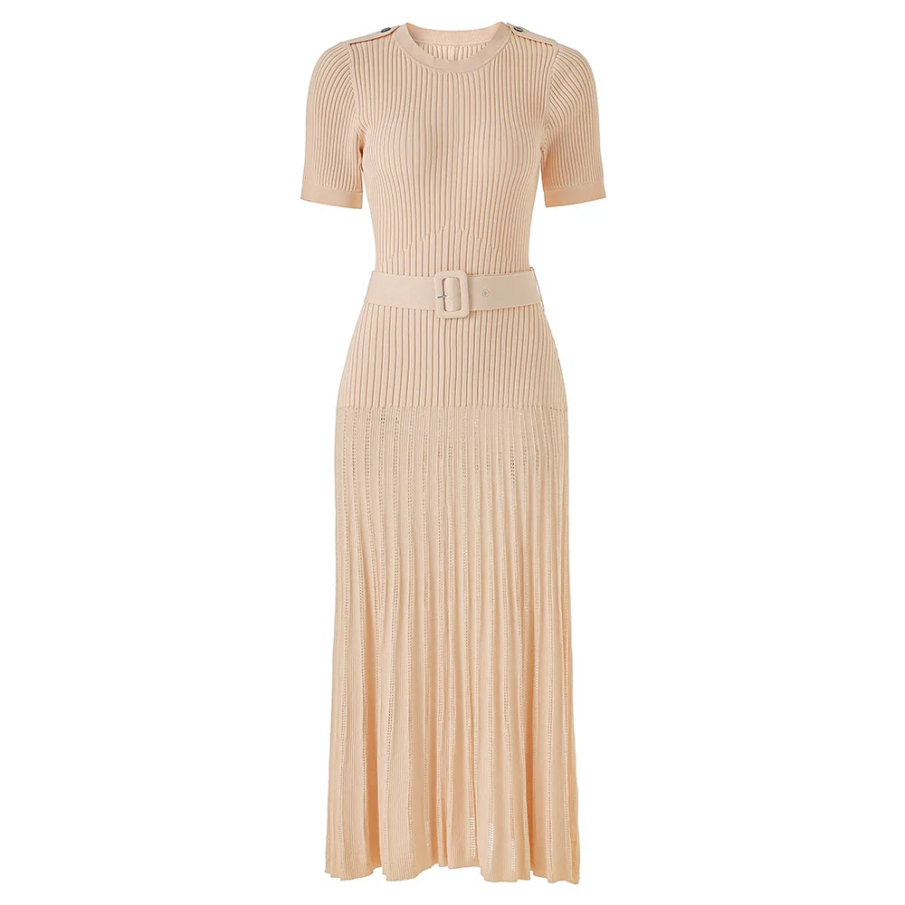 ZJYT 여름 패션 긴 니트 스웨터 드레스 여성 디자이너 짧은 소매 레이스 우아한 슬림 맞는 파티 휴일 드레스 블루