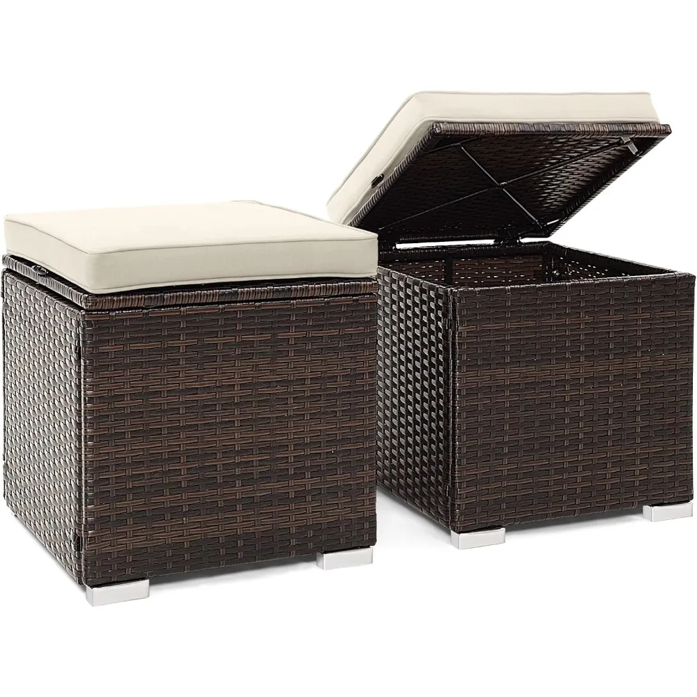 Ottomani da 2 pezzi, tavolino laterale in Rattan intrecciato a mano Patiojoy cuscino rimovibile e spazio di archiviazione nascosto, scatola portaoggetti multifunzionale