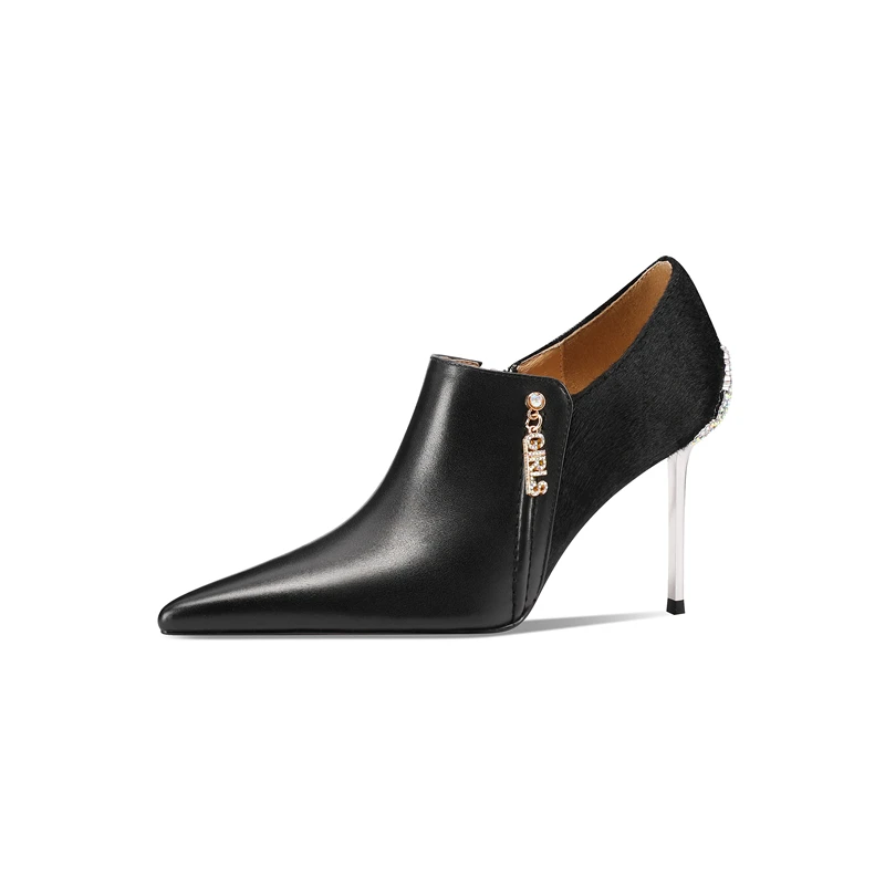 

Horsehair Pumps Women's Leather Cowhide Pointed Toe Slip-On Zipper MetalElegant Wedding Single Shoes with Shoebox