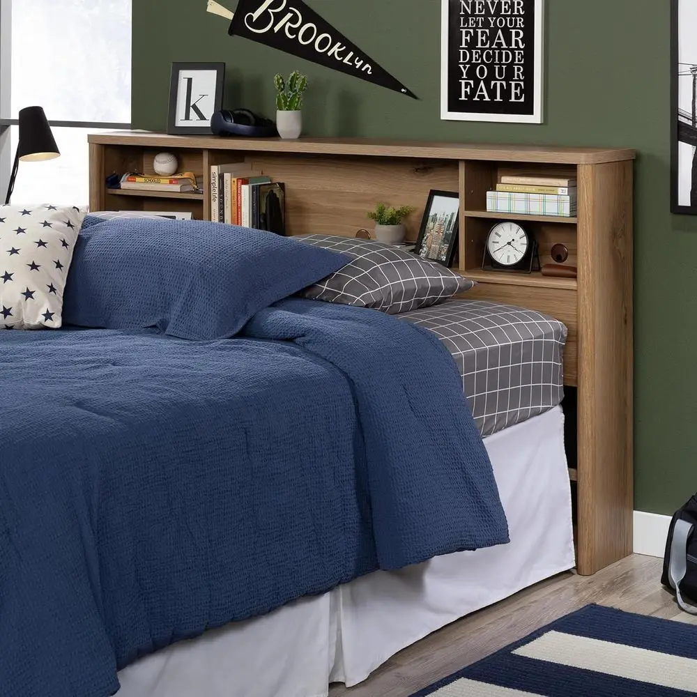 Full/Queen Size Oak Bookcase Headboard, Storage Bed Frame