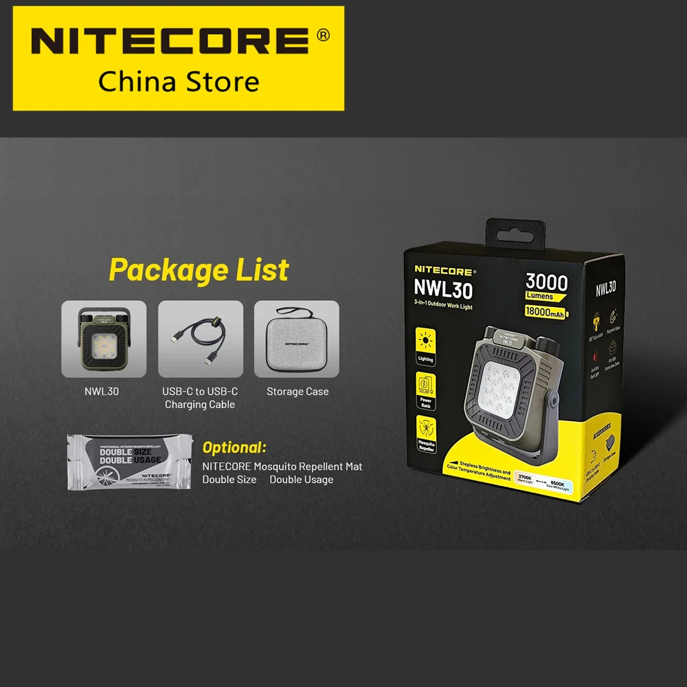 

Original NITECORE NWL30 3000 Lumen Built-in Rechargeable Battery Outdoor Work Light Camping Lighting Mosquito Repeller Emergency