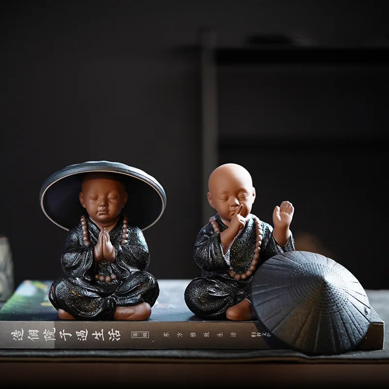 Black Pottery Buddhist Monks Miniature Figurines Buddha Statue Sculpture Tea Filter Funel Set Ornaments Home Docor Decoration