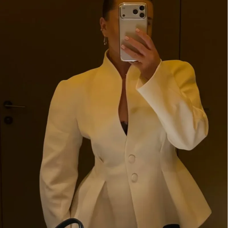 

Chic Pleated Cinched Waist Women's Jacket V-Neck Single Breasted Long Sleeve Blazer Coat 2026 Lady Casual Slim Commute Outerwear