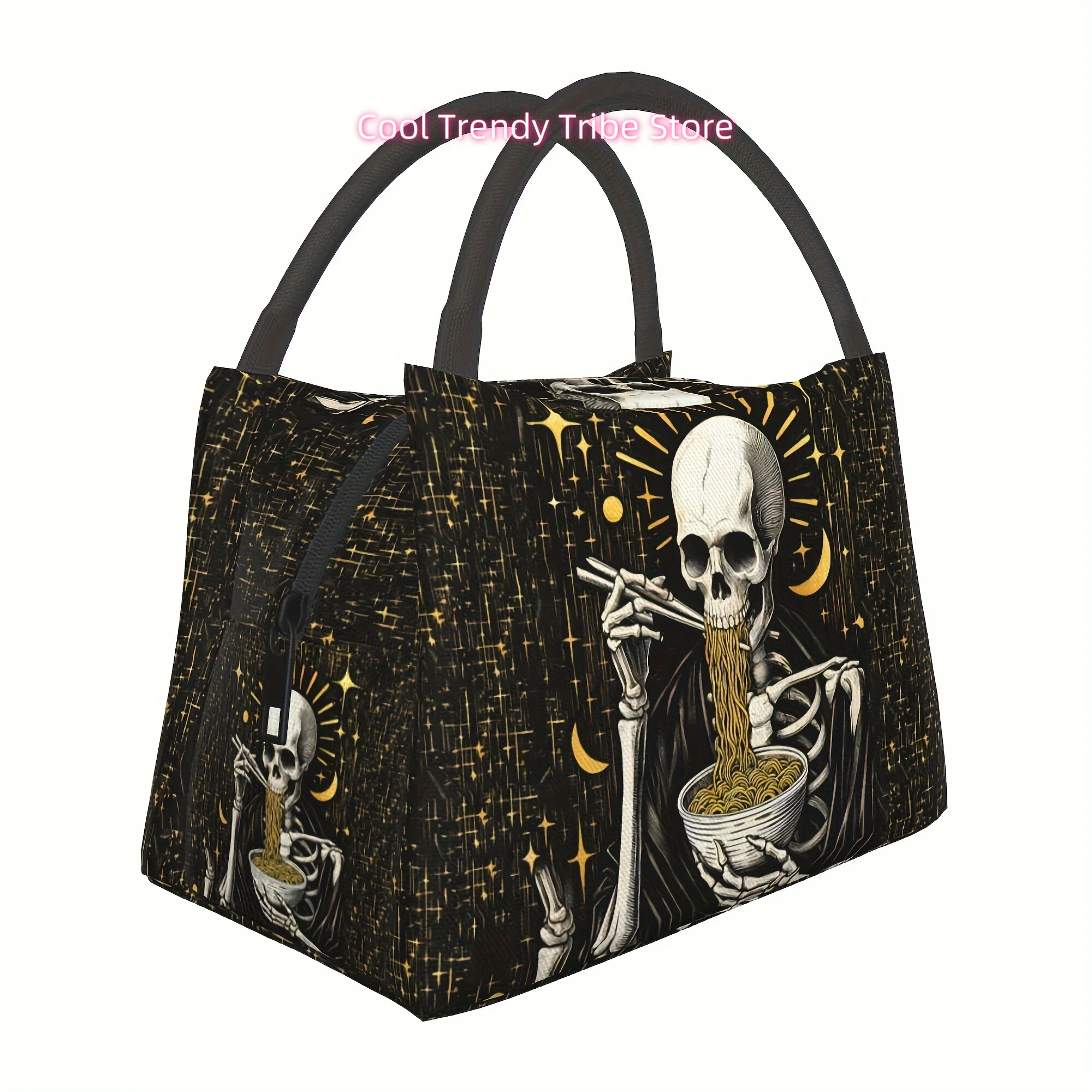 

[Skull Pattern Lunch Bag] 1pc Portable Reusable Insulated Lunch Bag | Skull Eating Noodles Pattern, Suitable for Home, Restauran