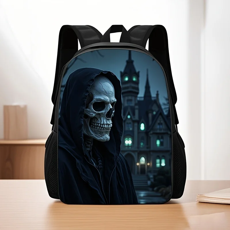 

1 gothic skull print backpack with breathable mesh design, adjustable shoulder straps, large-capacity foldable daily