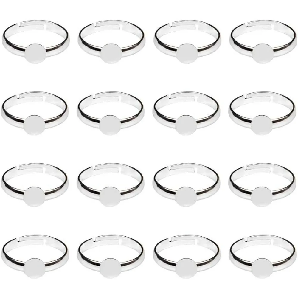 100Pcs Brass Pad Ring Bases, Adjustable, Silver Metal Color, Size: Ring: About 17mm in Inner Diameter, Tray: About 6mm