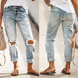 Fashion Slim Jeans Autumn Shaping Denim Ripped Holes Pencil Jeans  Women Jeans Mid Waist