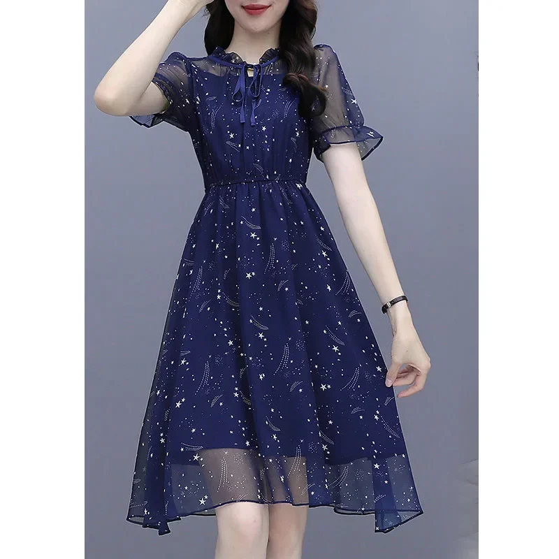 Elegant Ruffles Loose Folds Lace Up Bow Floral Dress Women\'s Clothing 2024 Summer New Short Sleeve Office Lady Mini  R280