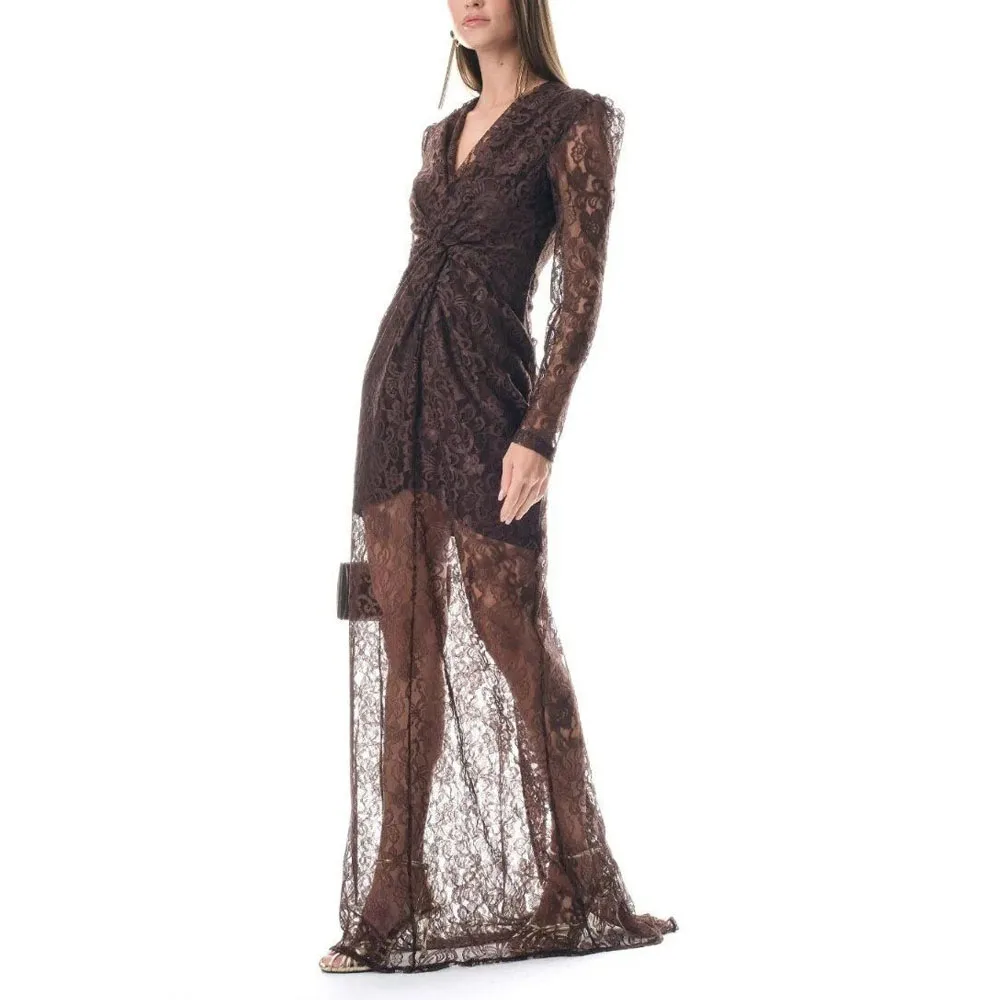 Customized Modest Lace Evening Dress Knotted Straight See Through Bottom vestidos de noche V Neck Full Sleeve Soft Dresses