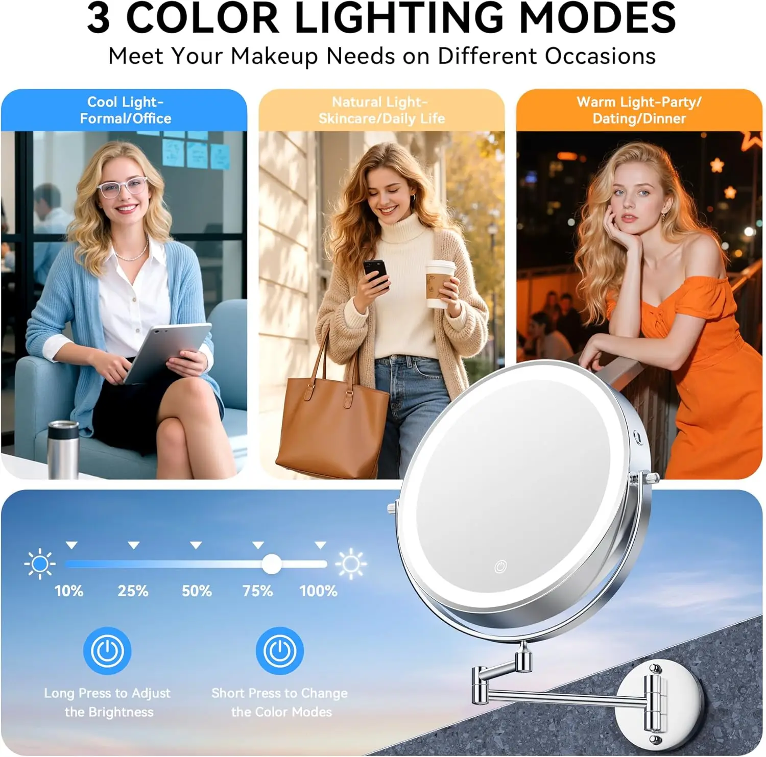 Specchio per trucco da parete da 9'' con luce, ingrandimento 30X/1X, batteria ricaricabile da 5000 mAh, touch dimmerabile 3 colori