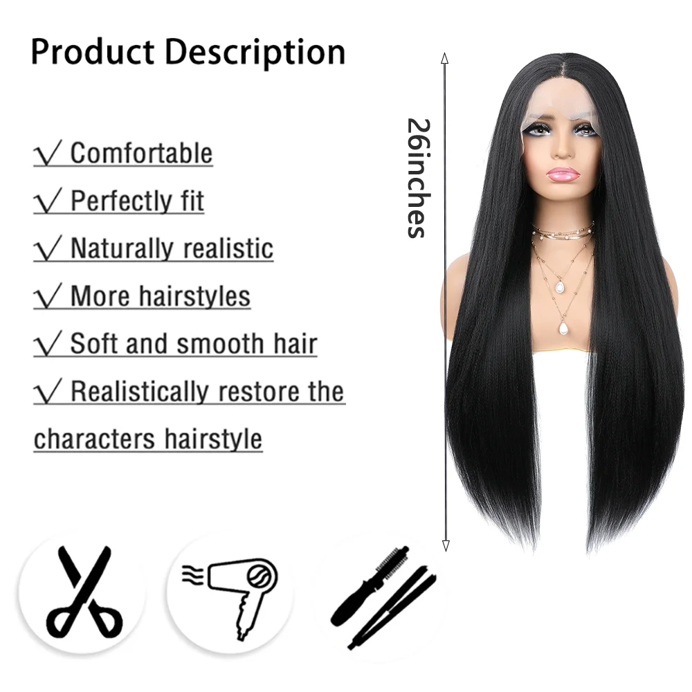 13x4 HD Lace Front Wig For Black Women Glueless Yaki Straight Wig Pre Plucked Heat Resistant Synthetic Hair Daily Party Cosplay 3