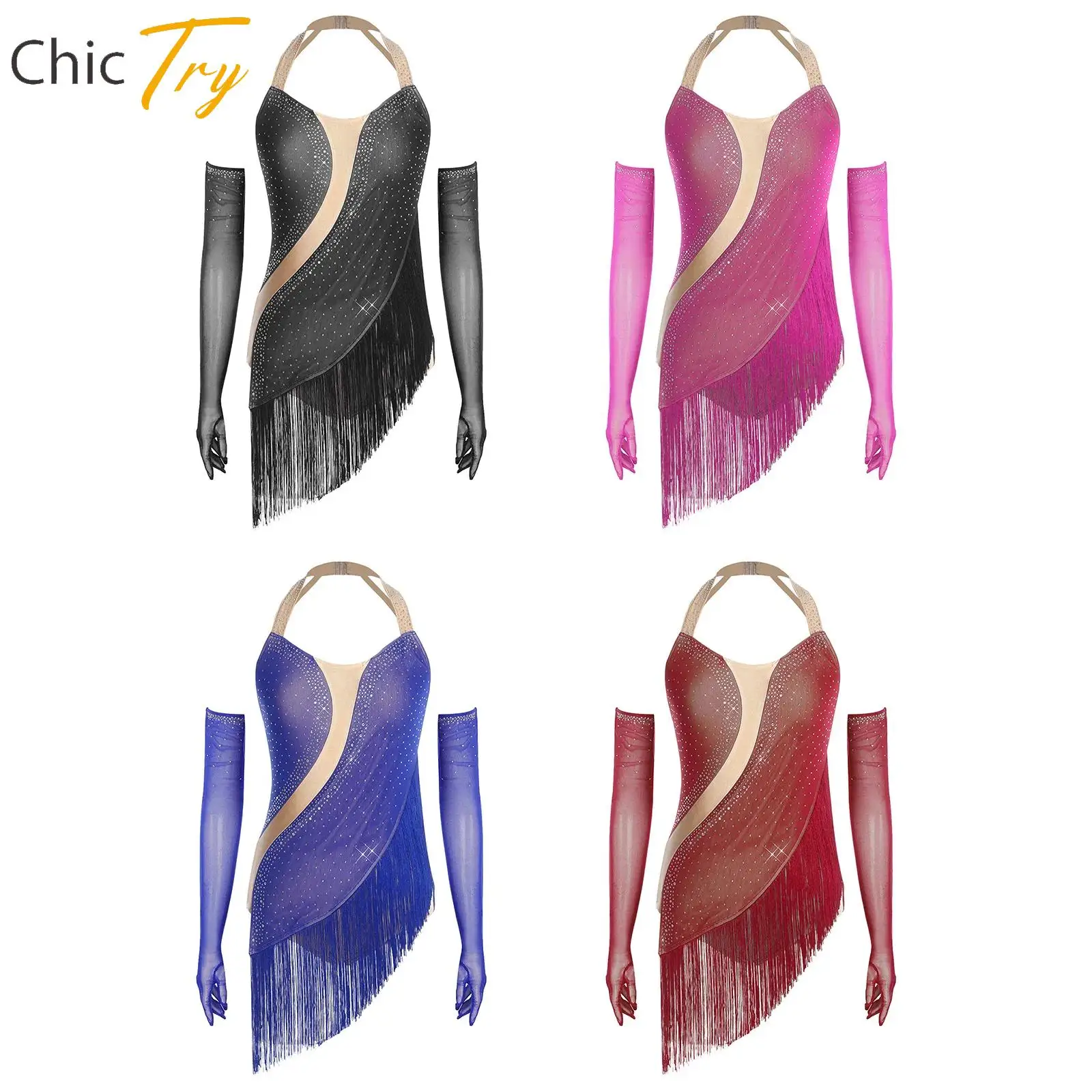 レディースラテンダンスパフォーマンスコスチュームタンゴチャチャサンバダンスウェアホルターバックレスラインストーンタッセルボディスーツ-手袋衣装