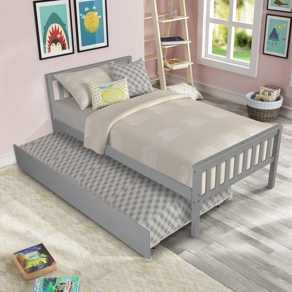 Orraves Twin Bed with Trundle, Platform Bed Frame with Headboard and Footboard, for Bedroom Small Living Space,No Box Spring Needed,Grey