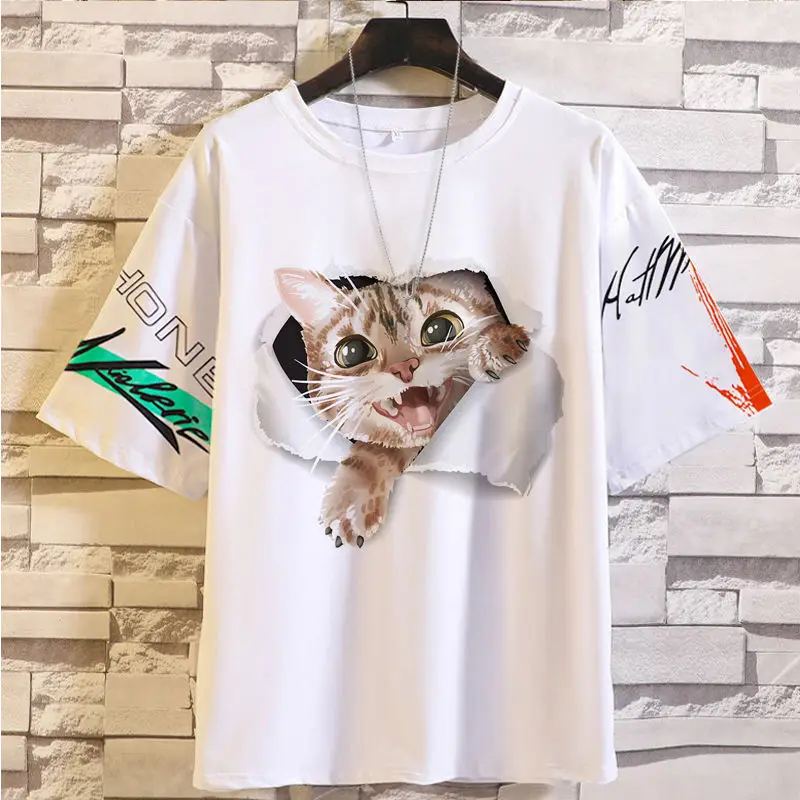 

Anime Game Cute Adorable Cat Creative 3D Printed Five-Point Short Sleeve T-Shirt Loose Fit Trendy Clothing
