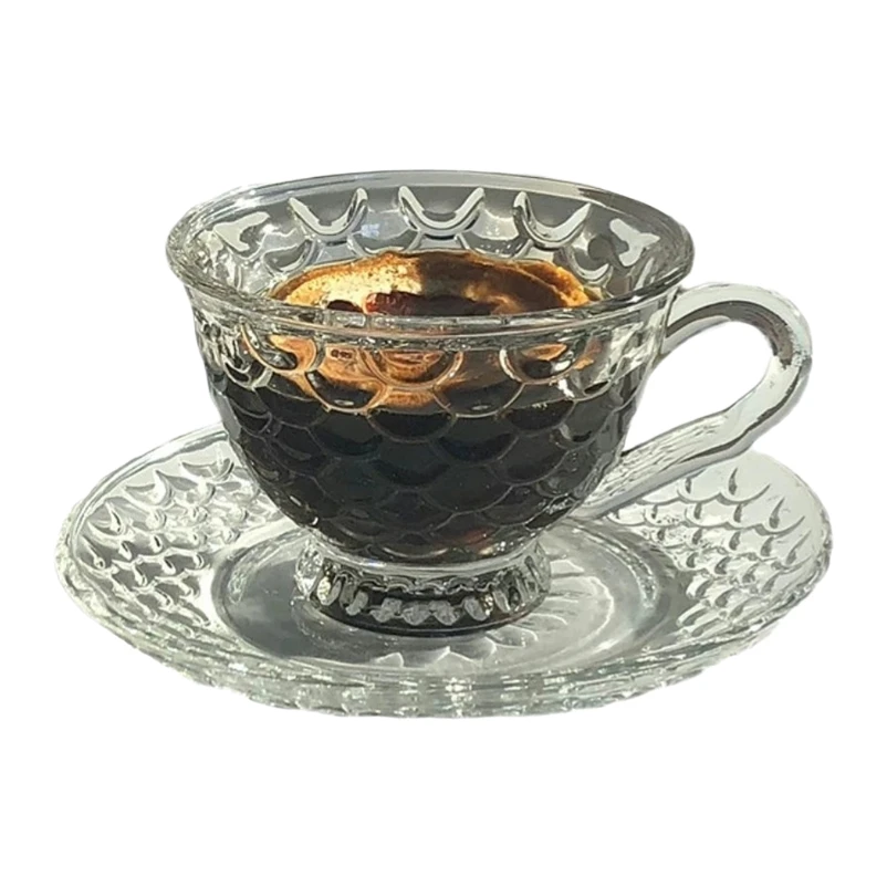 Mermaid Coffee Cup And Saucer Korean Style Glass Retro Embossed Fish Scale Cups Creative Afternoon Tea Cup Sets Cafe Accessories