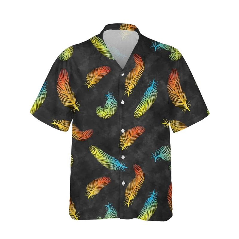 Camisetas con estampado 3d de plumas divertidas para hombres y mujeres, Tops de moda de verano, Playa hawaiana, solapa suelta, camiseta de manga corta con botones, ropa