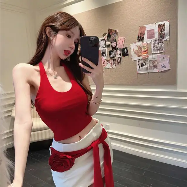 

2 Piece Sets Womens Outfits Summer New High-end Designed Hot Girl Style Removable Flower Belt Hip Skirt+red Neck Halter Vest Top