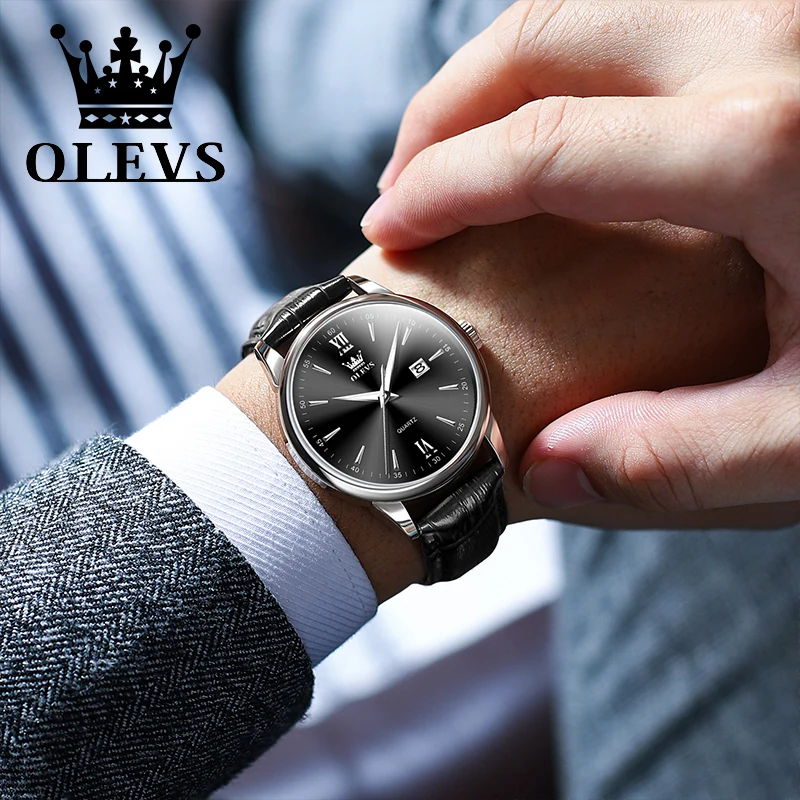 OLEVS Quartz Men's Watch Fashionable Business Waterproof Leather Strap Classic Ultra Thin 6.5mm Date dial Luxury Brand Men Watch