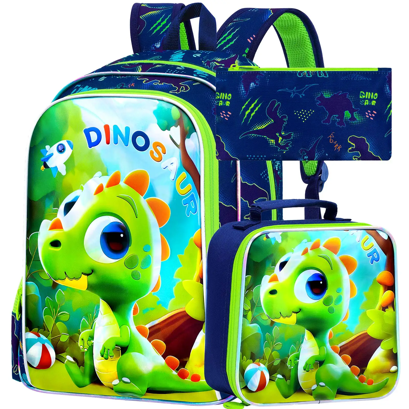 

Рюкзаки из 3 предметов для мальчиков, водонепроницаемая детская сумка для книг 16 дюймов для мальчиков, легкий рюкзак с коробкой для завтрака - зеленый динозавр