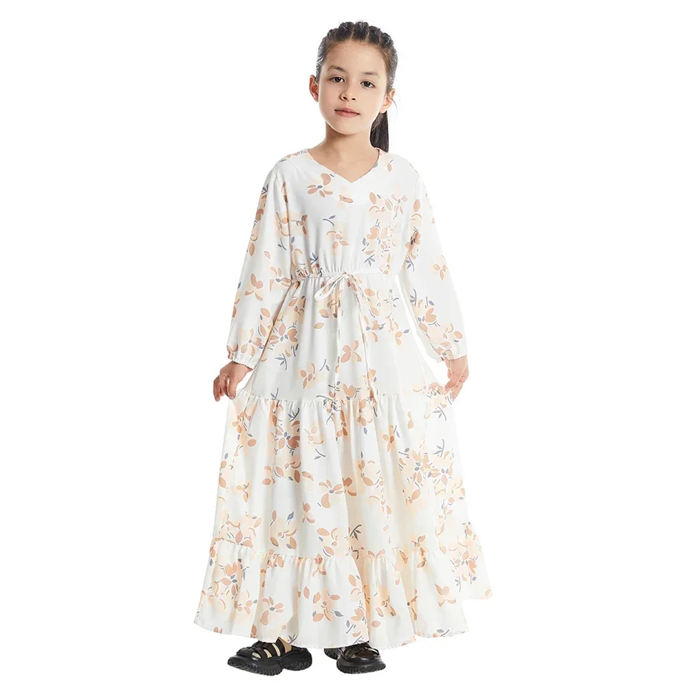 Arabskie Vestidos dzieci dziewczyny Abaya dubaj Kaftan długa, maksi sukienka muzułmańska turecka dziecięca odzież islamska kwiatowy Print kaftan szata