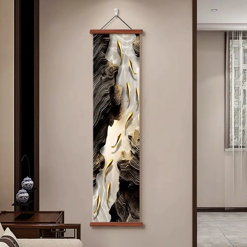 Wall Art Nine Koi Fish Pearlescent Canvas Hanging Scroll with Wooden Rods for Modern Chinoiserie Corridor Living Room