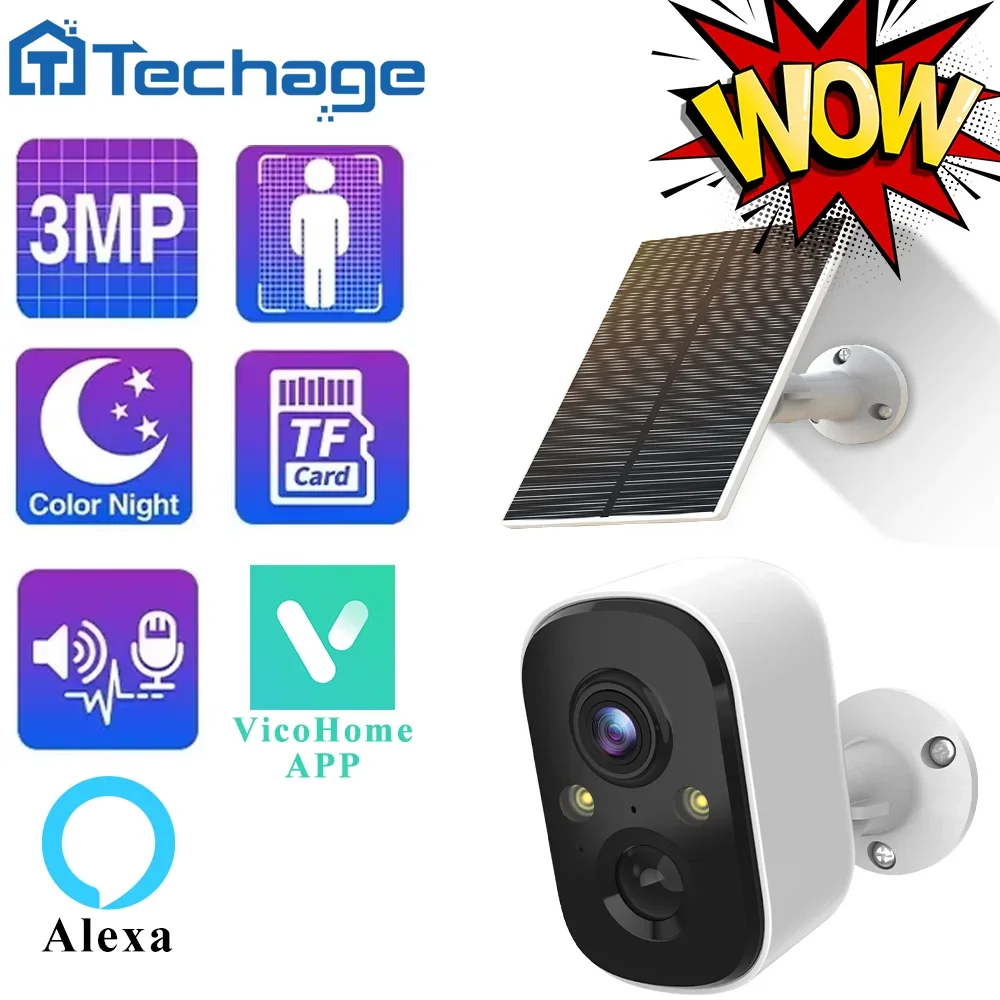 Techage 3MP Wifi Camera Solar Battery IP Camera Wireless PIR Camera Support Alexa 2-Way Audio Human Detect Security Vicohome APP