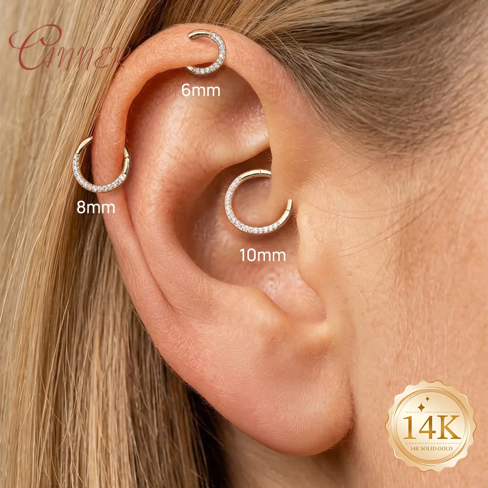 CANNER 14K Solid Gold Multi size Single Row Diamond Inlay Cartilage Piercing Earrings Women's Dainty Ear Bone Earring Jewelry