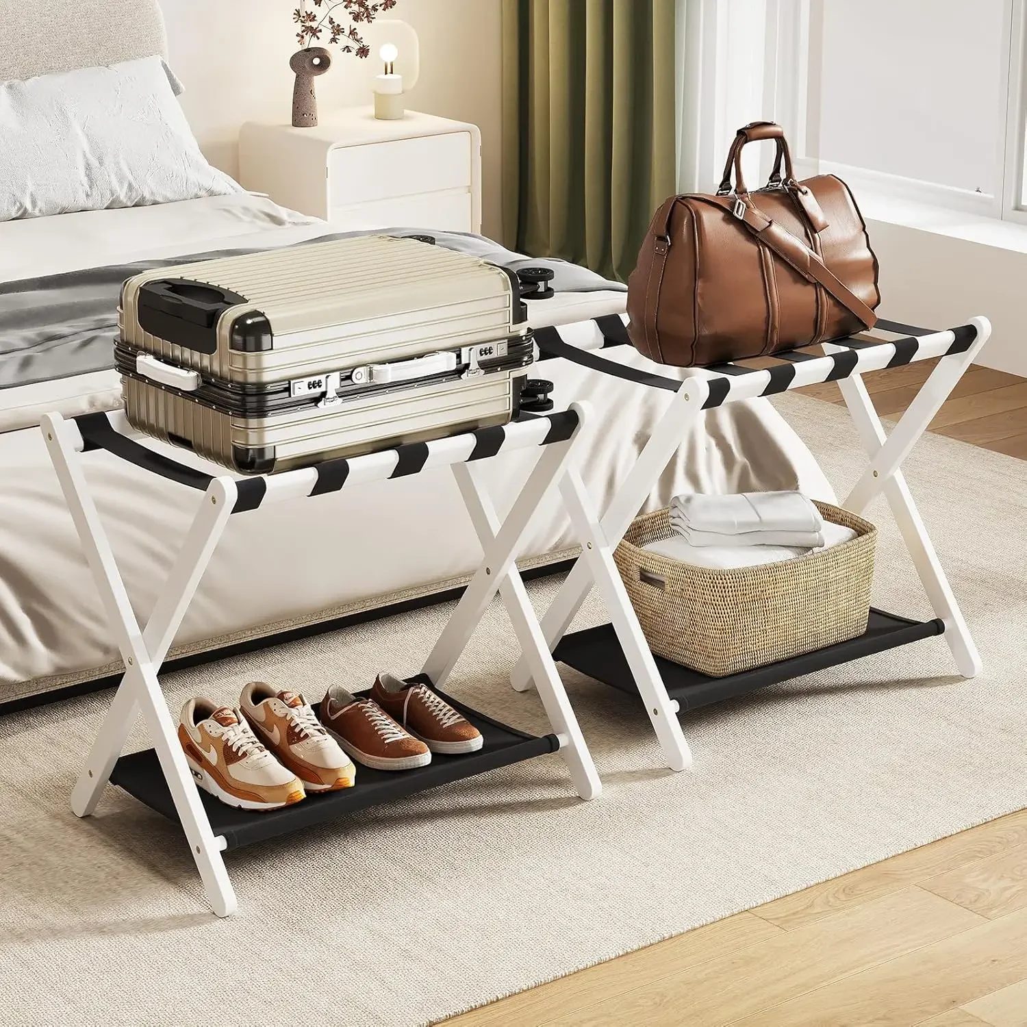 

Полностью собранный комплект из 2 складных бамбуковых багажных стеллажей с тканевой полкой для хранения, 26,77 дюйма, для гостевой комнаты, подставка для багажа