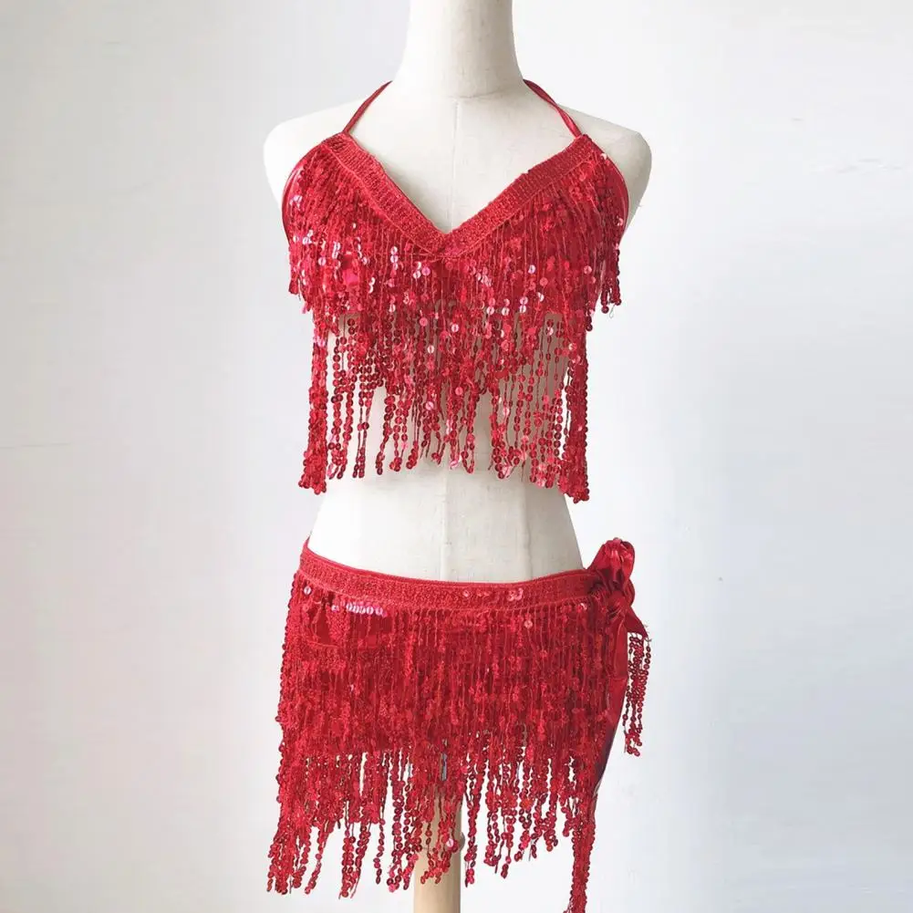 Top de baile con flecos de lentejuelas, traje de danza del vientre con lentejuelas, conjunto de traje de bailarina del vientre brillante con sujetador con borla de lentejuelas, Top con flecos para mujer