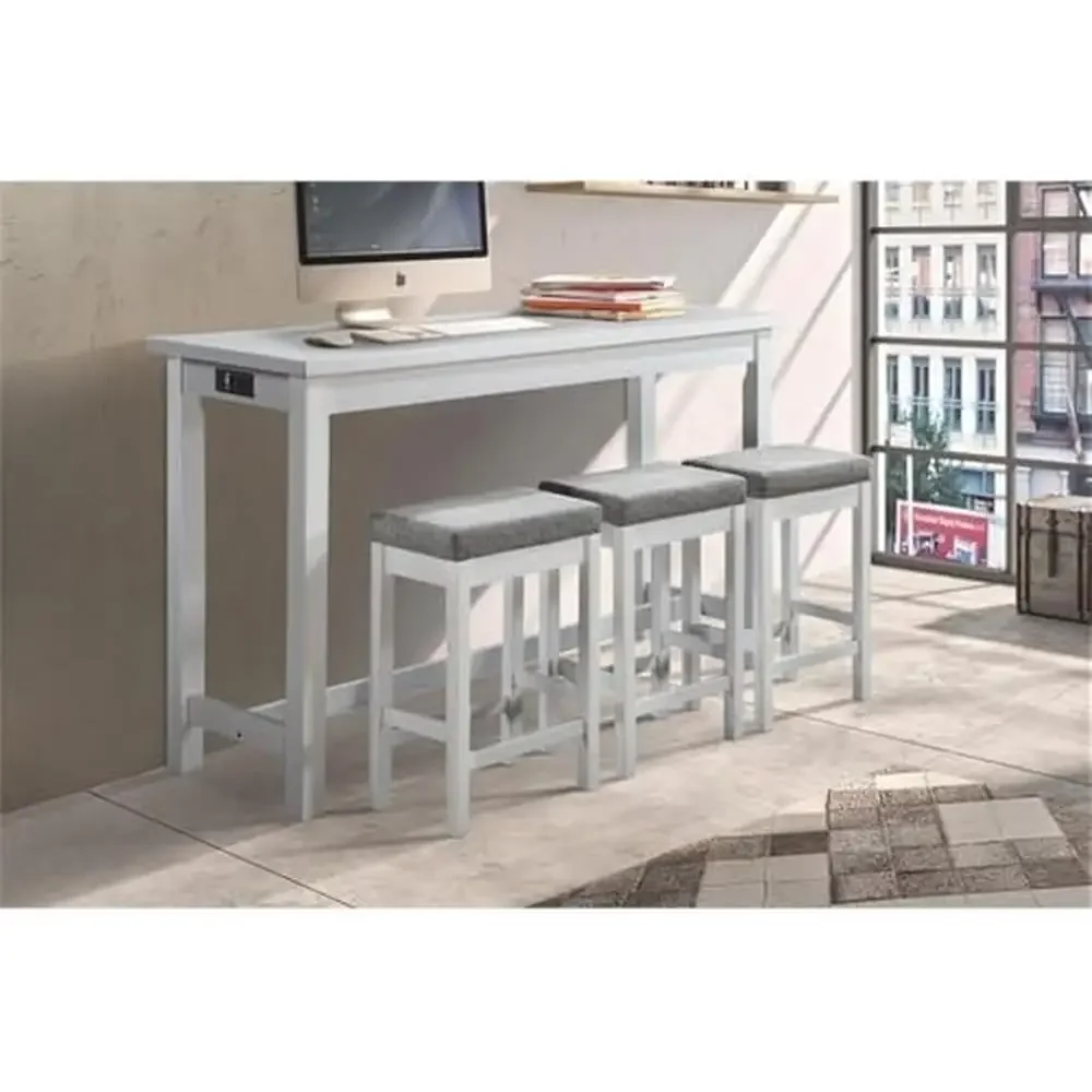 3-Piece White Bar Table Set Built-in USB and A/C ports Space-saving Design Easy Assembly