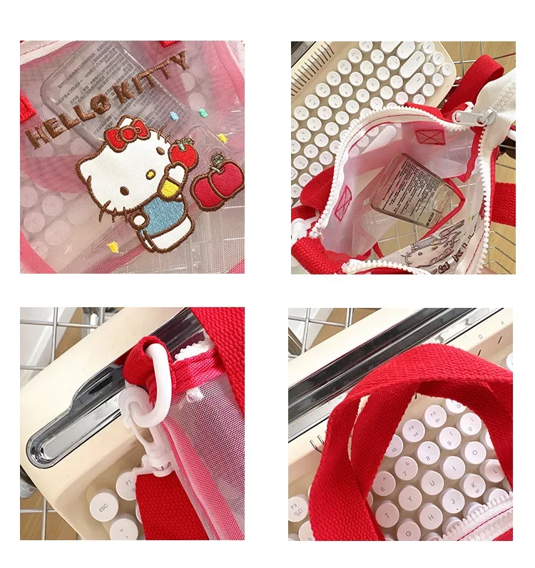 Sanrio Hello Kitty-Bolso de hombro de malla Kawaii, bolso Bento de mano con estampado bonito, bolso ligero transparente, regalo para niña