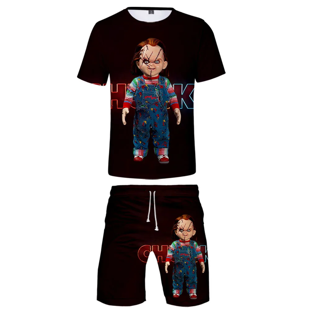 2025 3D printed fashion set, streetwear horror movie set, 2-piece set, summer short sleeved T-shirt shorts