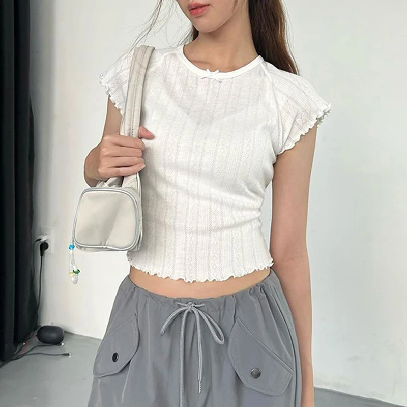 Darlingaga Causal White Knitted Slim Women T shirt Frills Basic Crop Top Short Sleeve Korean Fashion Cute Thin Summer Tee Shirts