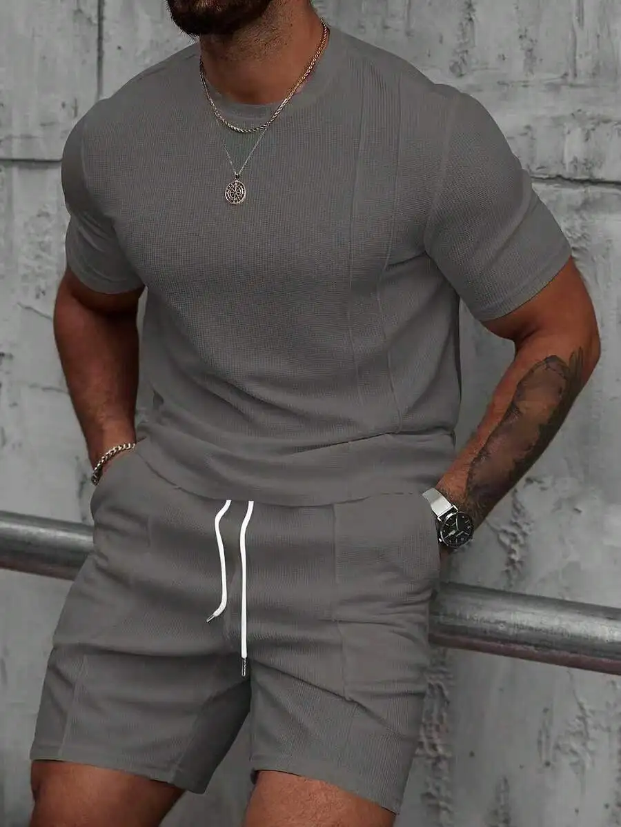 

Mens Solid Color Knitted Round Neck Short Sleeve Two Piece Casual Set For Summer