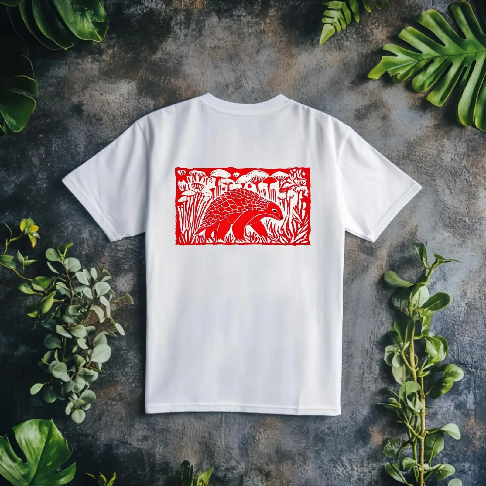 Pangolin Linocut Print T Shirt Rustic Mushroom BlockprinT vintage Washed Soft Stretched designer clothes Casual graphic Stylish