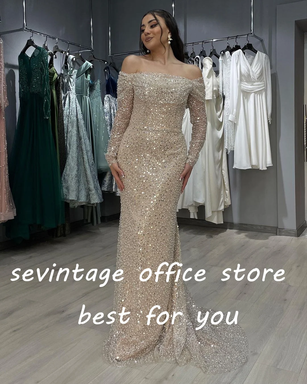 Sevintage-Vestidos de Fiesta de sirena con cuentas de champán brillantes, perlas de lentejuelas, hombros descubiertos, vestidos de noche árabes saudíes, vestido Formal