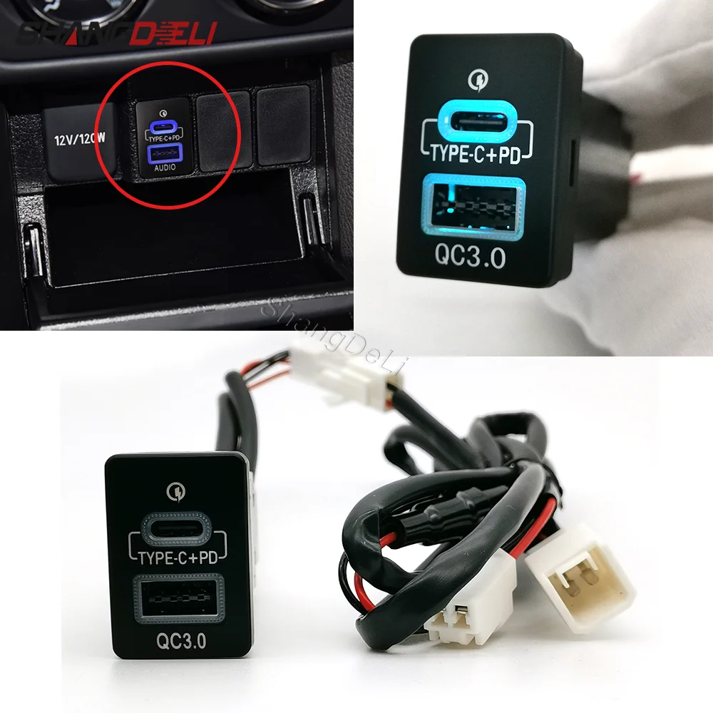 Car Dual Type-C PD USB QC3.0 Phone Charging Adapter Outlet Button For Toyota Camry Prius Corolla Land Cruiser PRADO RAV4 07 - 14