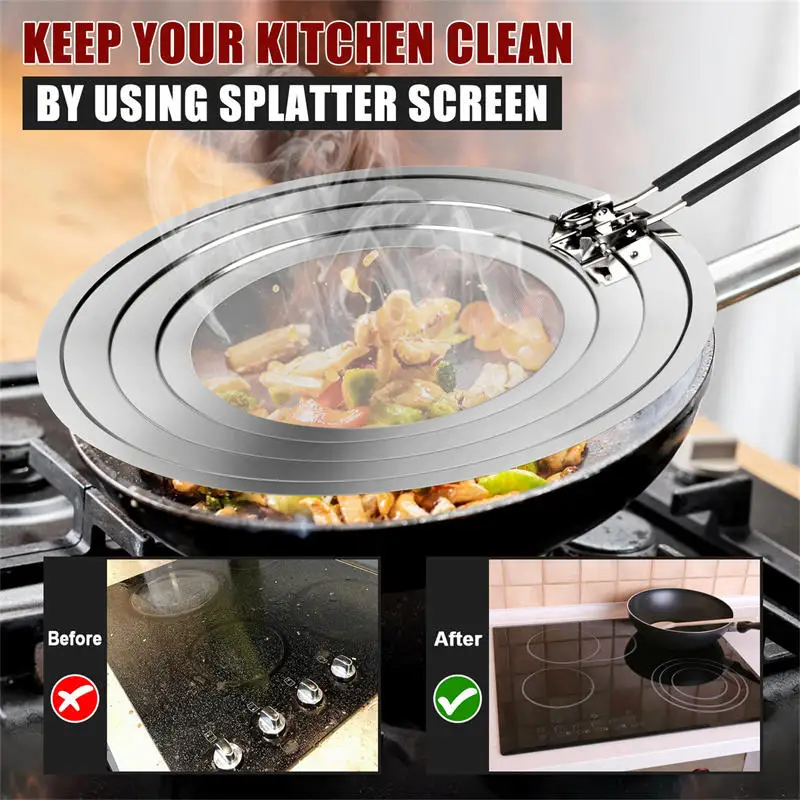 Silicone Kitchen Splatter Screen with Handle Heat-resisting Oil Splash Guard Drain Board Cover Kitchen Frying Pan Lid