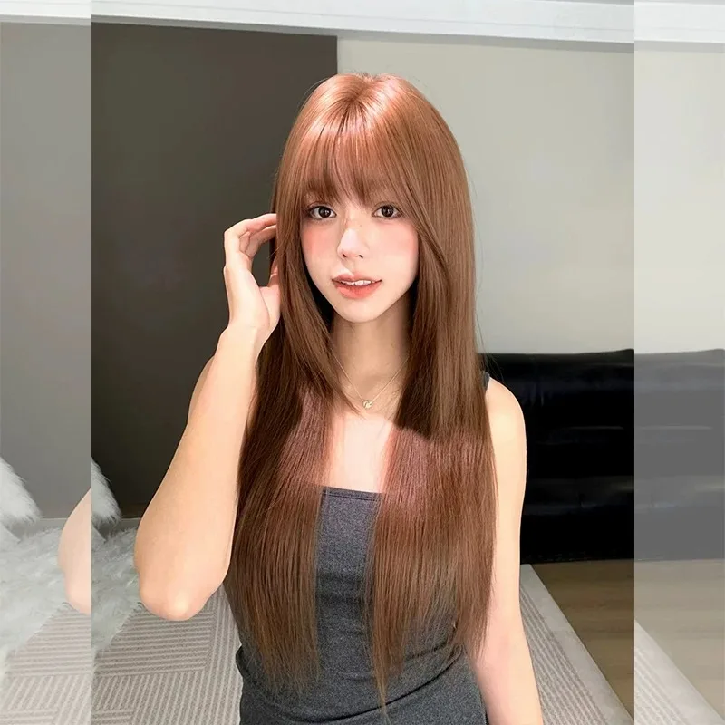 Caramel Warm Brown High Layered Long Straight Full Wig Heat‑Resistant Synthetic Hair Korean‑Style Vibe Silky Strands for Party