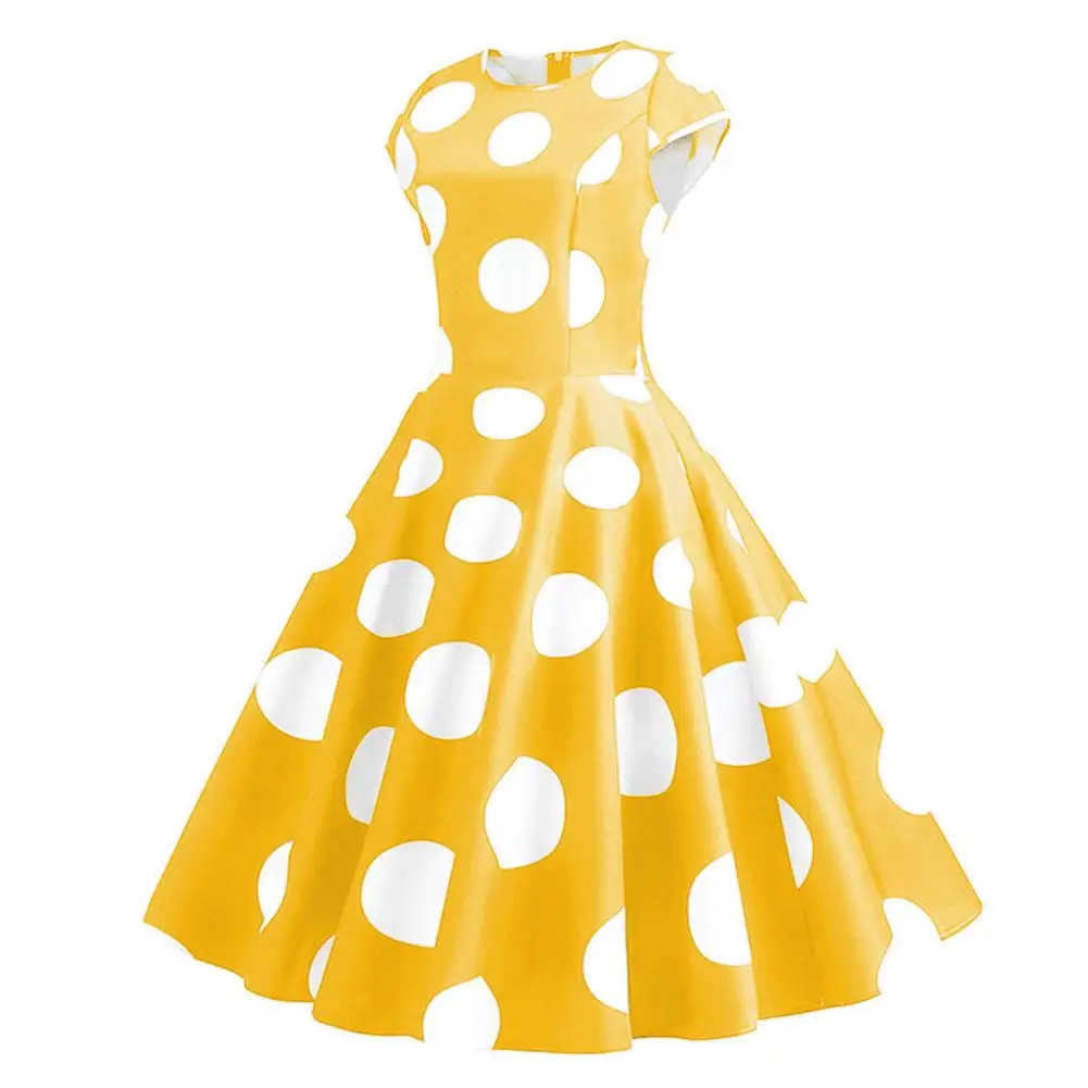 Vintage Dot Printed Women Midi Dress Women's Spring Summer Polka Dot Dress Fashionable High Waisted Large Hem Casual Dress