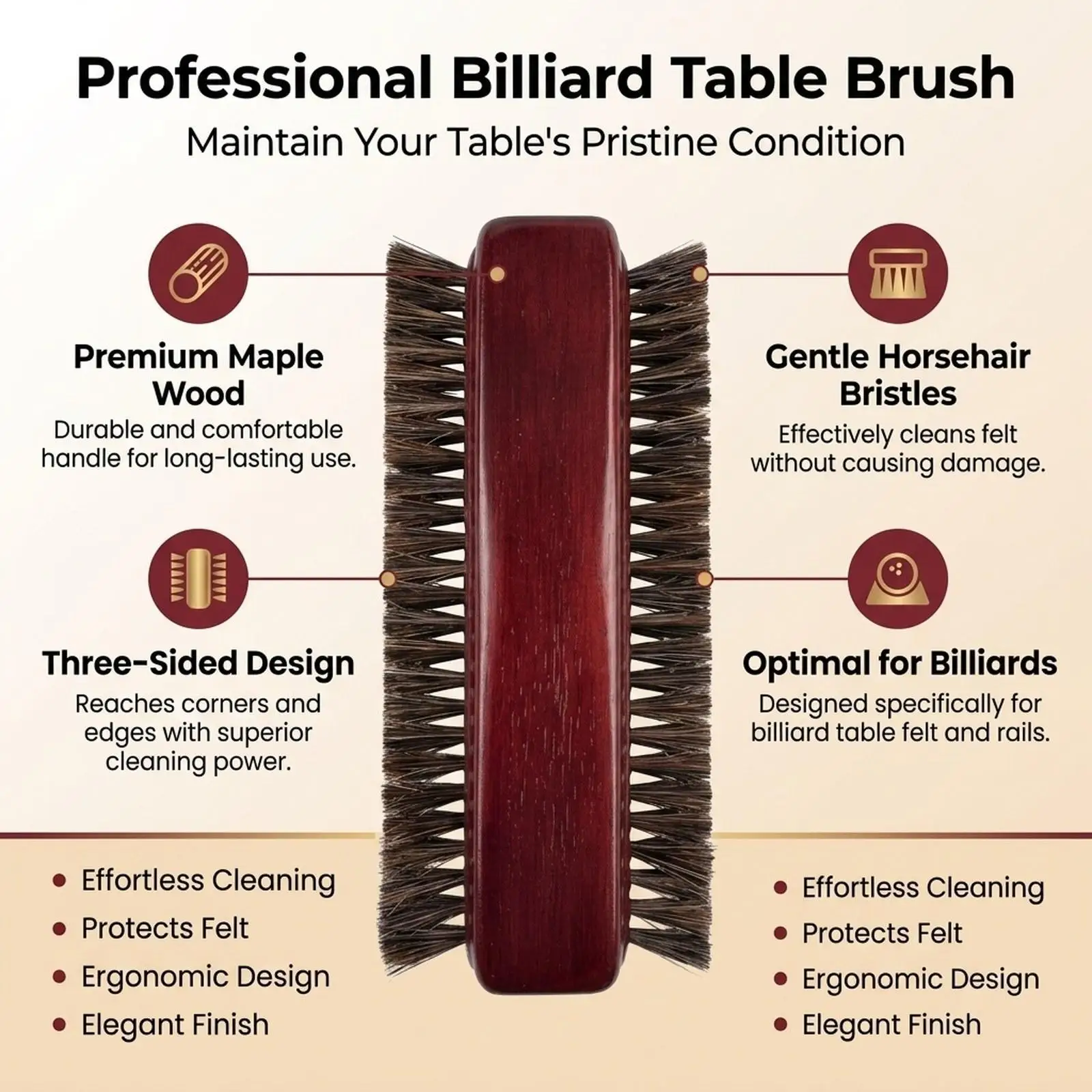 Pool Billiard Table Cleaning Supplies Three Sided Bristle Brush Ergonomic Handle for Billiard Game Room Accessories