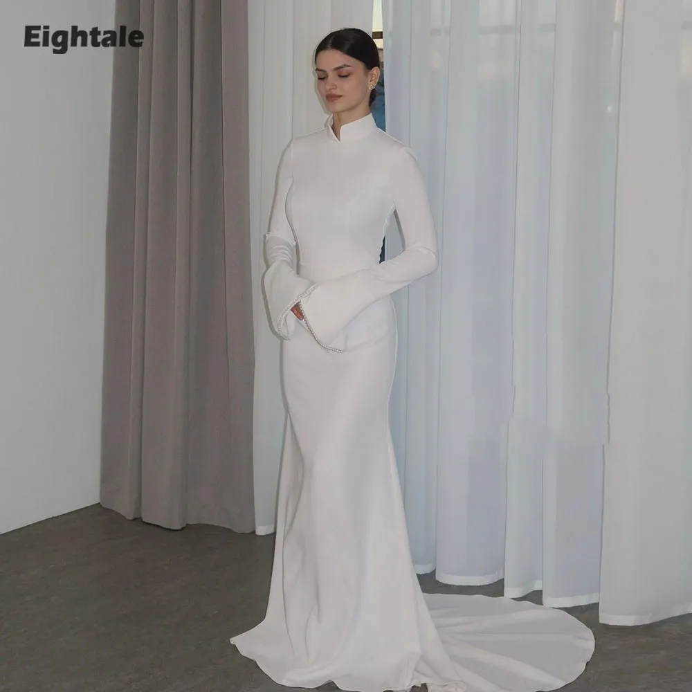 

Арабское свадебное платье Eightale, индивидуальный пошив, цвет слоновой кости, с V-образным вырезом, длинными рукавами, украшенное жемчугом, мусульманское, фасон «русалка», для невесты, для торжеств
