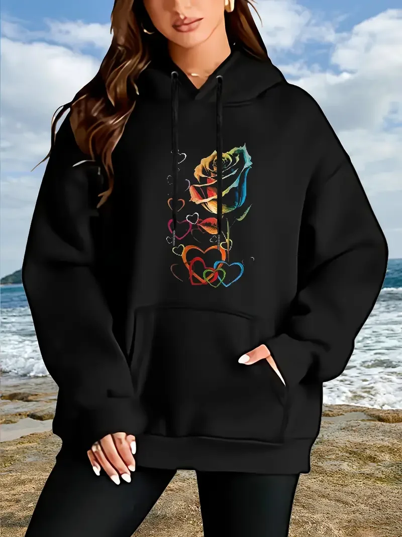 Rong Ren Hui Women's Plus Size Casual Sports Hoodie With Roses And Hearts Print Polyester Knit Fabric Long Sleeve Flared Hem