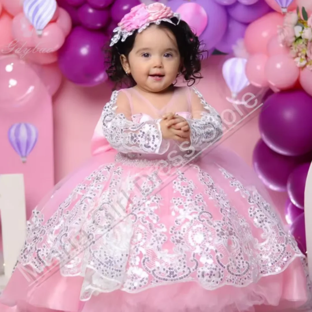 Adorable Flower Girl Dress with Sequin Floral Appliqués Long Sleeves with a Bow Suitable for Weddings Birthday Parties