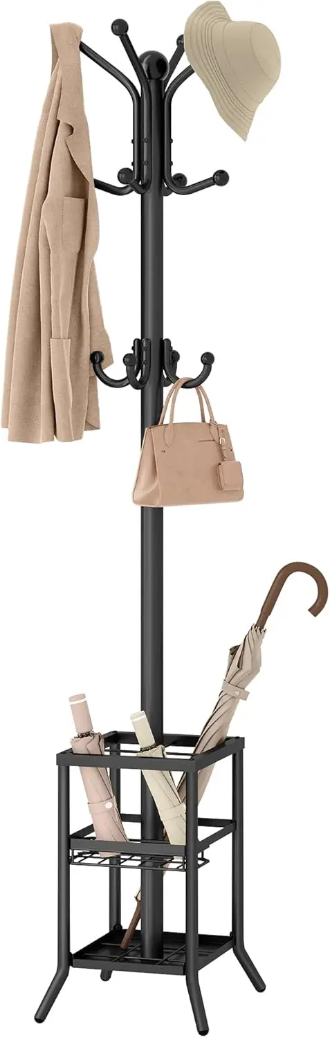 

Coat Rack Freestanding,Coat Rack Stand with Umbrella Holder,Metal Coat Tree with 12 Hooks,Tree Clothes Hat for Entryway,