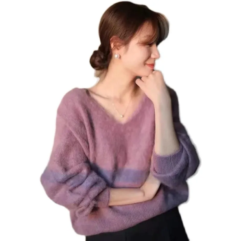 Fashion versatile cashmere sweater women fall winter V-neck loose and thick sweater sweater with wool knit