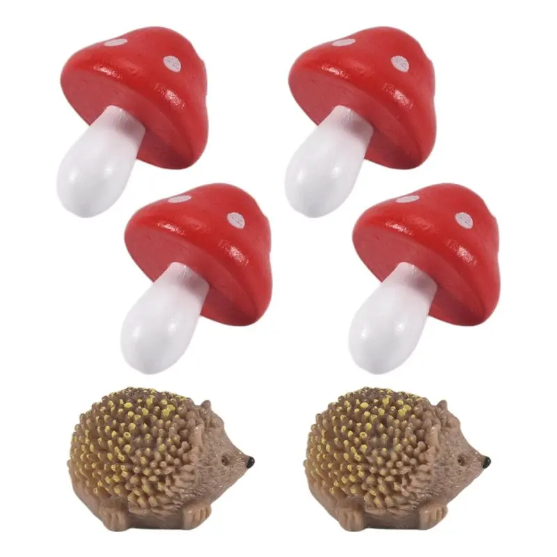 AT44-18X Garden Fairy Accessories Resin Hedgehogs And Wood Mushroom Miniature Decorations For Bonsai Craft